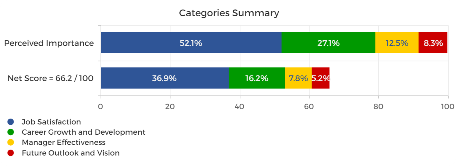 ranx survey response analysis of category importance and the net scores of the questions in each.